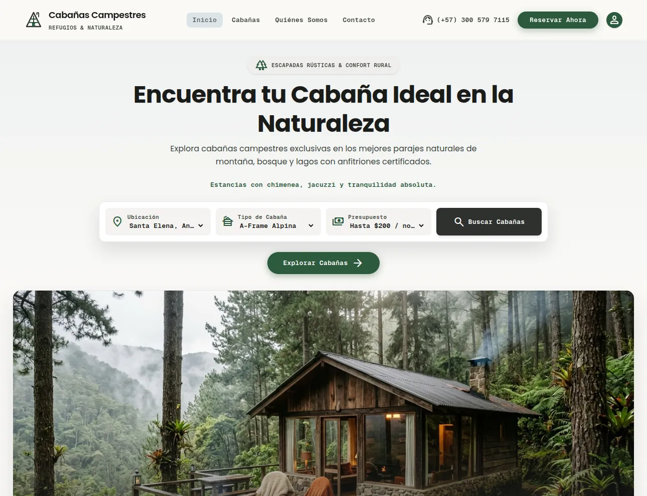 Captura de la página de inicio de Cabañas Santa Elena, sitio de cabañas campestres